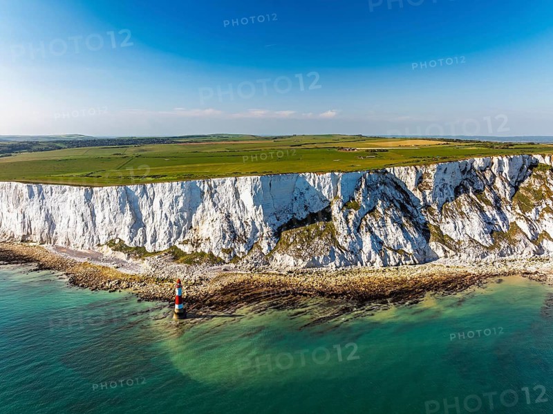 Beachy Head Lighthouse from a drone, Beachy Head Cliffs, English Channel, East Sussex, England, United Kingdom