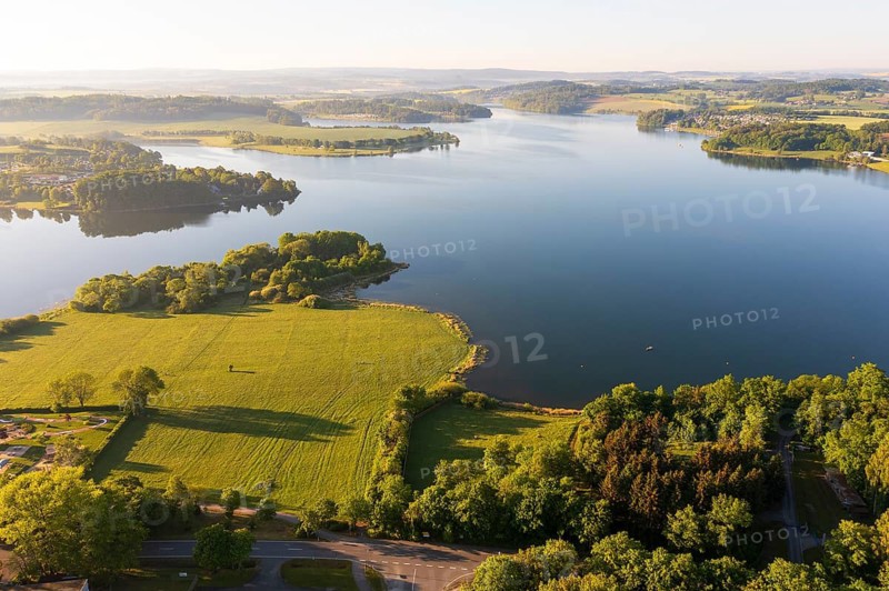 Aerial view of Pöhl dam in morning light, Vogtland, Saxony, Germany