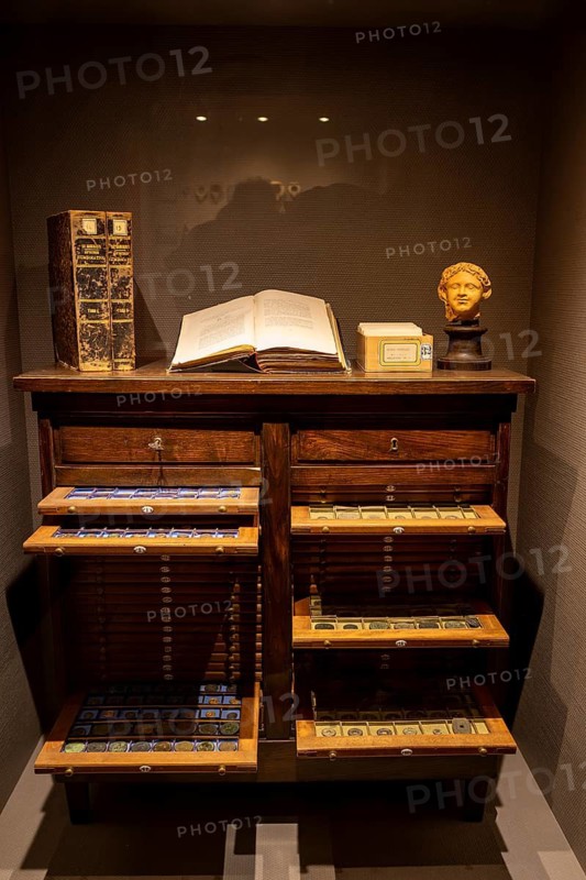 Historic coin cabinet with historical coins, Gabinetto Numismatico, Museo Archeologico, Castello di Udine, old town, Udine, Friuli-Venezia Giulia, Italy