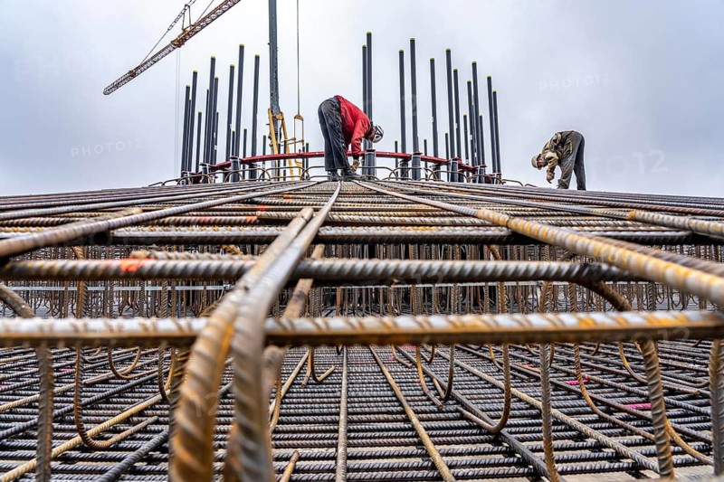 Assembly of reinforcing steel for the reinforced concrete foundation of a wind turbine, a mesh of rebar and rebar mesh, over 100 tons of reinforcing steel were used, the wind turbine will have a hub height of 160 meters, part of a new wind farm in Sauerland, near Balve, North Rhine-Westphalia, Germany