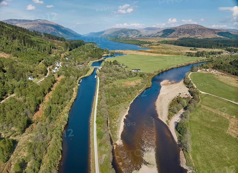Aerial view of the caledonian canal in the Scottish Highlands near Fort William, Scotland, UK