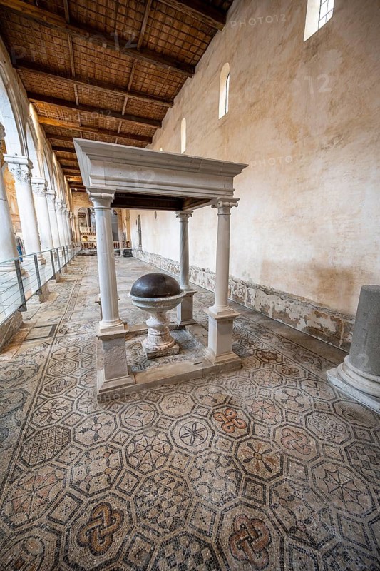 Baptismal font, detailed floor mosaic with geometric patterns, Basilica di Santa Maria Assunta, Basilica of Aquileia, UNESCO World Heritage Site, Aquileia, Friuli, Italy