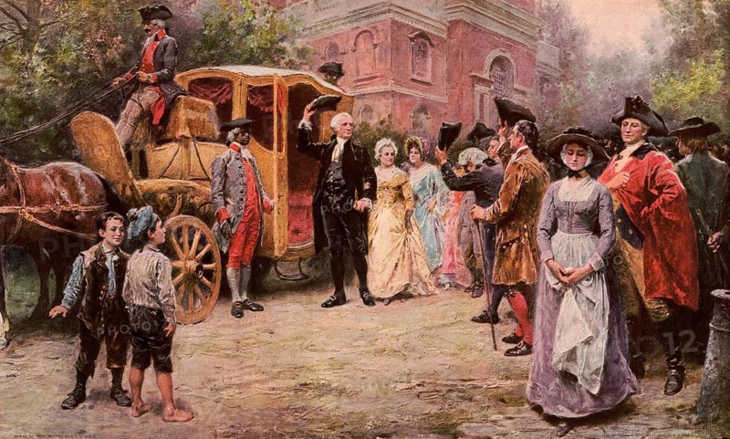 The painting depicts the first US President, George Washington, on his arrival at Christ Church in Philadelphia on Easter Sunday in 1795. The work is by the American painter Jean Léon Gérôme Ferris (1863–1930) .It depicts George Washington doffing his hat in front of the church and being respectfully greeted by the assembled congregation, as well as by children and his carriage attendants. American history, an authentic, digitally restored, high-resolution reproduction of a 19th-century original, exact date of the scene unknown, historical