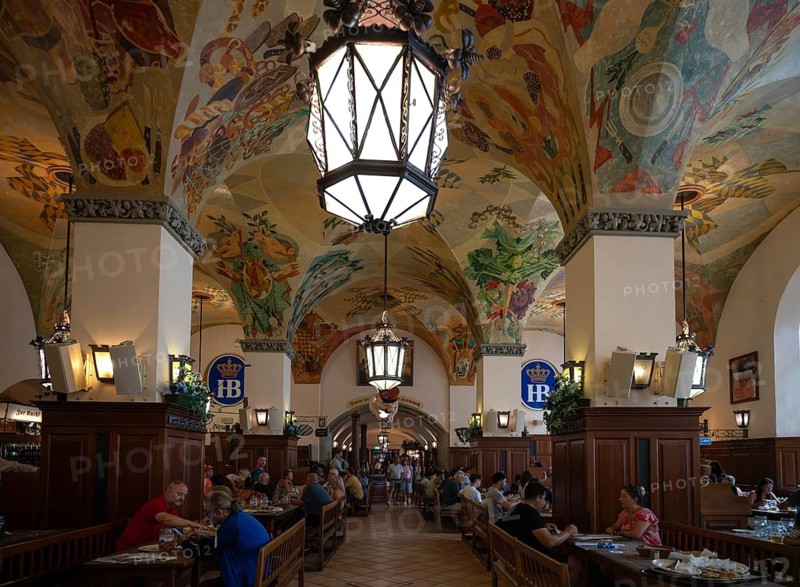 Interior view, painted ceiling, guests at the Hofbräuhaus in Munich, Platzl, Brauerei Hofbräu, Munich, Bavaria, Germany