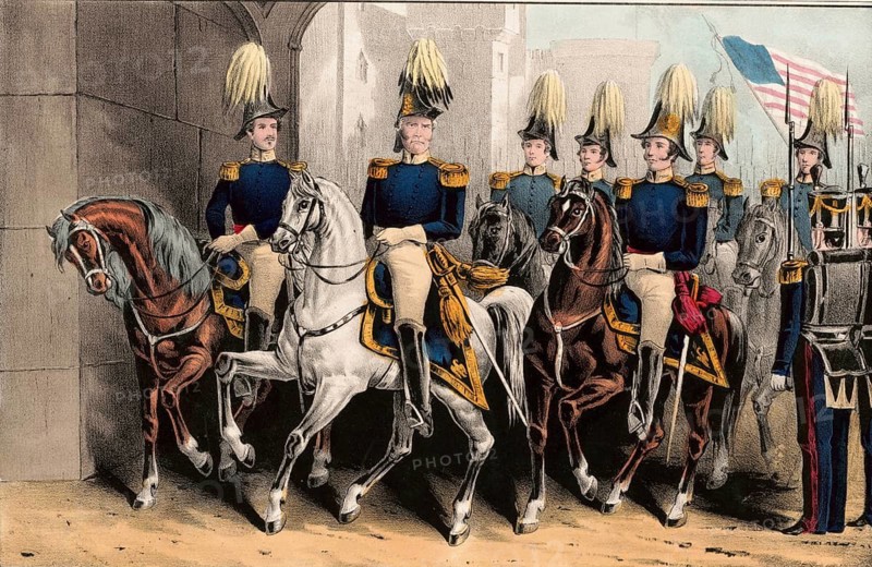General Winfield Scott in military uniform with a distinctive plumed hat on horseback. The Battle of Cerro Gordo took place on April 18, 1847 and was an important victory for US forces under Scott on the advance to Mexico City, September 14, 1847, American history, authentic, digitally restored reproduction in high resolution from a 19th-century original, exact date of presentation unknown, historical