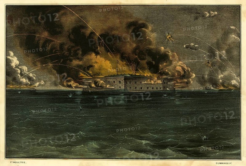 The shelling of Union-held Fort Sumter in Charleston Harbor, South Carolina by Confederate troops. April 12 to 13, 1861, This military conflict marked the official outbreak of the Civil War, American Civil War, authentic, digitally restored reproduction in high resolution from a 19th century original, exact date of presentation unknown, American history, historical