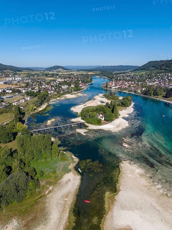 Aerial view of the Werd archipelago in the westernmost part of Lake Constance, historic low level on 13.08.2026, low tide, drought, massive silting on the shores of western Lake Constance, Untersee and Upper Rhine between Eschenz and Stein am Rhein, Canton of Thurgau, Switzerland