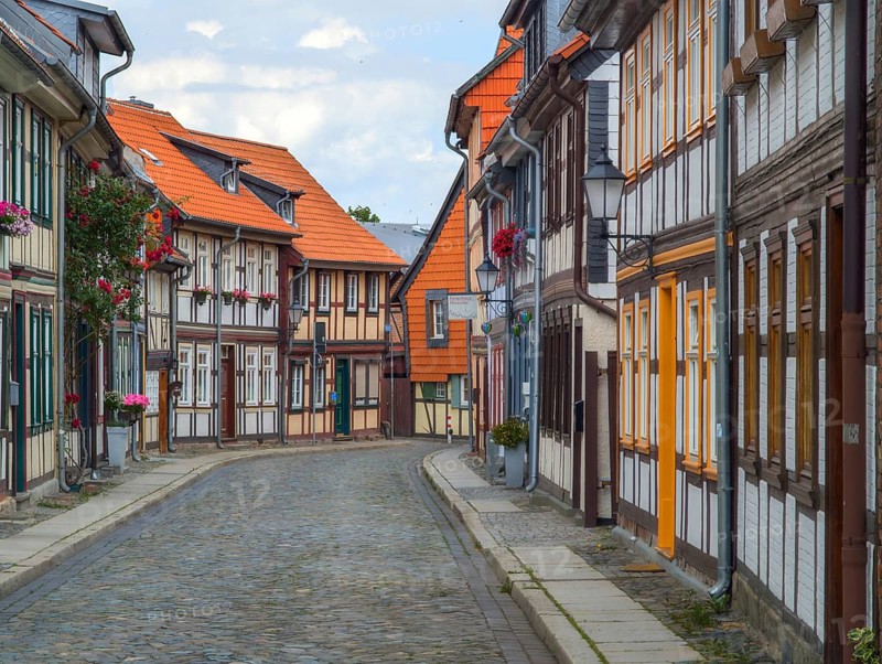 Alley with historic half-timbered houses Wernigerode Harz Germany