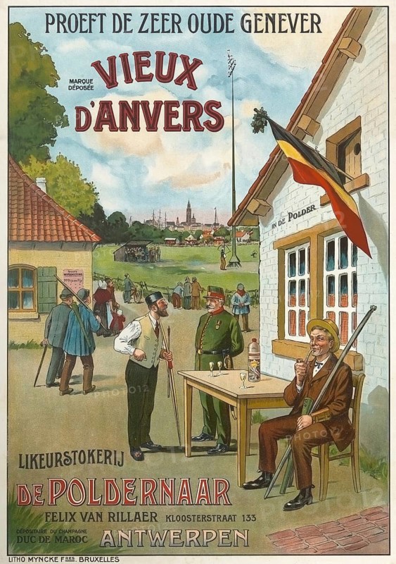 Advertising poster, beverage advertisement, advertising poster from 1923 for Vieux d'Anvers, a type of genever. The poster was printed by Litho Myncke in Brussels. It promotes Felix Van Rillaer's De Poldernaar distillery from Antwerp. The scene shows a rural pub with men drinking and smoking, and in the background is the city of Antwerp, authentic reproduction of a historical advertising poster, advertising sign, in high resolution, historical