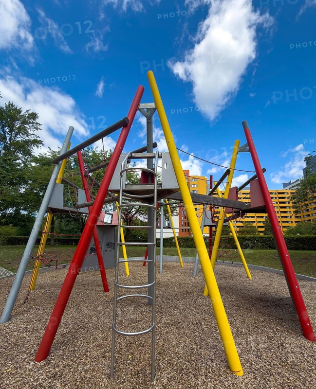 Playgrounds and skyscrapers in the Märkisches Viertel social housing development in the north of Berlin, MV, Germany