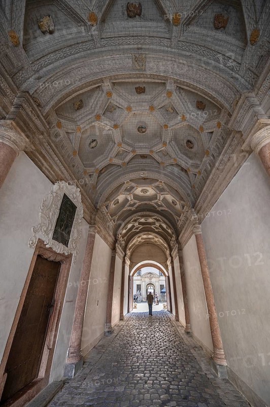 Passage to the courtyard of the city palace, built in Renaissance style, Residenzstraße 2, Neuburg an der Donau, Upper Bavaria, Germany