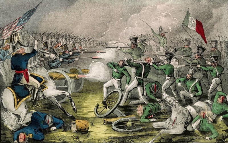 Print of the Battle of Buena Vista from the Mexican-American War, fought on February 23, 1847. The Battle of Buena Vista, also Battle of Angostura, on 22-23. A US army under General Zachary Taylor defeated the numerically superior Mexican troops there under Antonio López de Santa Anna, American history, authentic, digitally restored reproduction of a 19th-century original, exact date of presentation unknown, historical