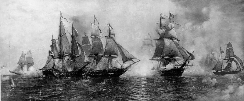 Depiction of the Battle of Lake Erie (10 September 1813) during the War of 1812. The illustration depicts the decisive turning point of the naval battle near Put-in-Bay, Ohio, in which the American brig USS Niagara (under Commander Oliver Hazard Perry) broke through the British line of battle and passed through whilst firing. The American fleet (nine ships) completely defeated the British force (six ships), leading to the first ever surrender of an entire British naval unit in history, American history, authentic, digitally restored reproduction of a 19th-century original, exact date of the depiction unknown, historical