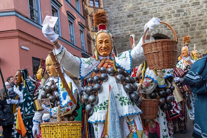 The highlight of the Swabian-Alemannic carnival is the fool's jump in Rottweil. Around 4000 fools jump through the historic Black Gate. Only fools with the certified original Rottweiler fool dress may participate. Rottweil, Black Forest, Baden-Württemberg, Germany