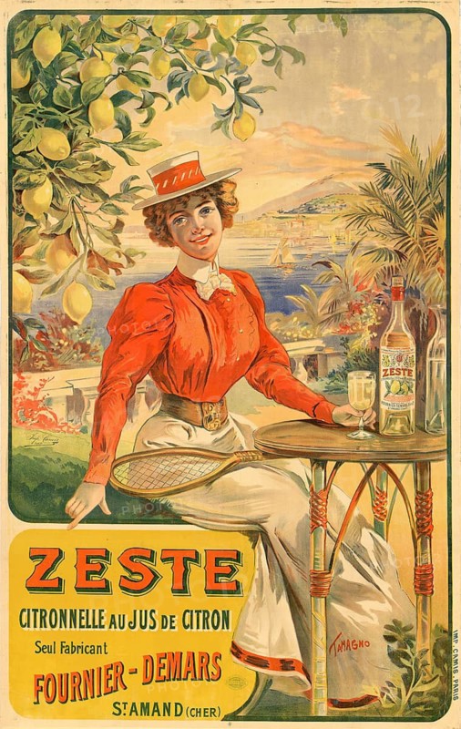 Advertising poster, beverage advertisement, poster for the drink zest, designed by Francisco Tamagno around 1898. A woman with a tennis racket sitting under a lemon tree at a table with a bottle of zest and a glass, coastal landscape, possibly on the French Riviera, authentic reproduction of a historical advertising poster, advertising sign, in high resolution, historical