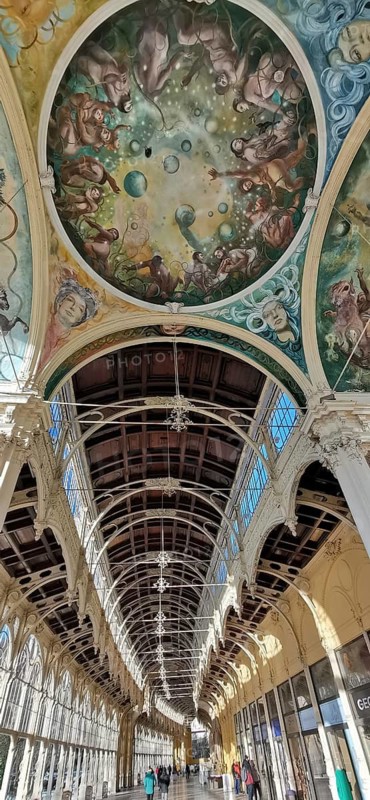 Magnificent ceiling vault with artistic fresco and antique-style arches, Maxim Gorky Collonade, Marianske Lazne main colonade, Marianske Lazne, Czech Republic