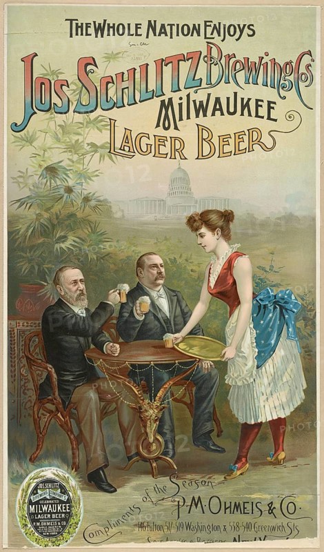 Advertising poster, beverage advertisement, Joseph Schlitz Brewing Company commercial print from 1888, entitled The Whole Nation Enjoys Jos. Schlitz Brewing Co's Milwaukee Lager Beers. The scene shows a young woman in a traditional dress serving beer to two men at a table. The United States Capitol is depicted in the background, authentic reproduction of a historical advertising poster, advertising sign, in high resolution, historical