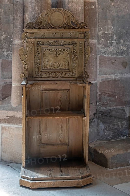 Craftsman's chair, alms chair from 1663, Lorenzkirche, Nuremberg, Middle Franconia, Bavaria, Germany