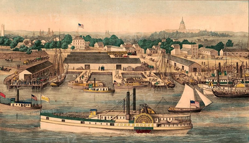 Bird's Eye View of Sixth Street Wharf, Washington, D.C, 1863. The depiction shows the bustling wharf on the Potomac River in Washington, where wounded soldiers and supplies frequently arrived during the Civil War. The paddle steamer John Brooks can be seen in the foreground, while in the background on the horizon the then still unfinished Capitol and the foundations of the Washington Monument are visible, authentic, digitally restored reproduction in high resolution from a 19th-century model, exact date of presentation unknown, American history, historical
