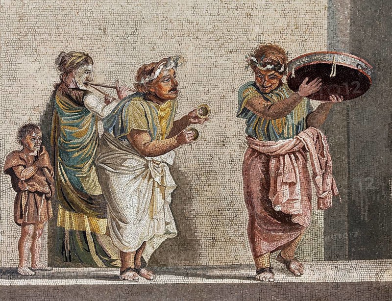 Roman street musicians with masks, colored mosaic from the Villa of Cicero, Herculaneum, Naples National Archaeological Museum, Museo Archeologico di Napoli, Naples, Campania, Italy