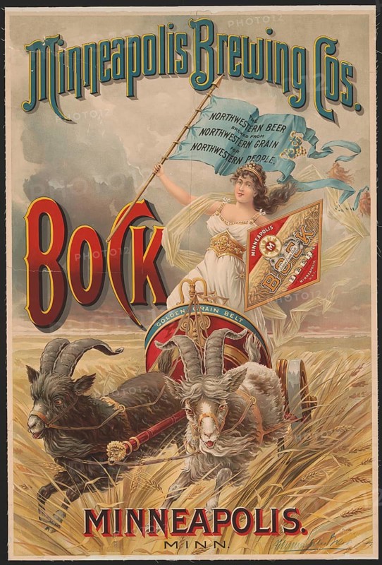 Advertising poster, beverage advertisement, Minneapolis Brewing Co. bock beer from the late 19th century. The lithograph shows a woman pulling a wagon pulled by two goats and waving a flag with the inscription Northwestern Beer Brewed from Northwestern Grain for Northwestern People, authentic reproduction of a historical advertising poster, advertising sign, in high resolution, historical