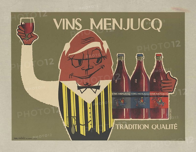 Advertising poster, beverage advertisement, poster by Robert Rey from 1950 promotes the French wine Vins Menjucq, artist Robert Rey, 1950. Advertisement for French wine from the Languedoc region, authentic reproduction of a historical advertising poster, advertising sign, in high resolution, historical
