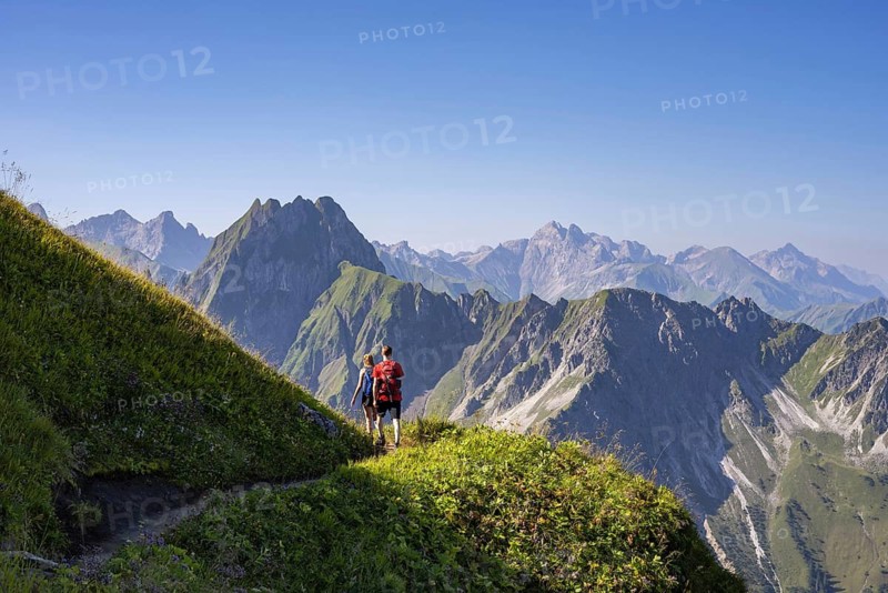 Mountain panorama from Laufbacher-Eckweg to Höfats 2259m, and Allgäu main ridge with Trettachspitze 2595m, Mädelegabel 2645m, Bockkarkopf 2609m and Hochfrottspitze 2649m, Allgäu Alps, Bavaria, Germany