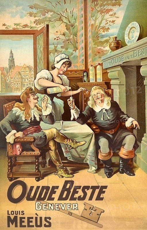 Advertising poster, beverage advertisement, advertising poster from around 1905 comes from Belgium and promotes Oude Genever't Lekker Stoopje by Gaston Le Roy from Wetteren. The lithograph was produced by the Myncke printing house in Brussels and shows a nostalgic scene with people in traditional clothing and a windmill in the background, authentic reproduction of a historical advertising poster, advertising sign, in high resolution, historical
