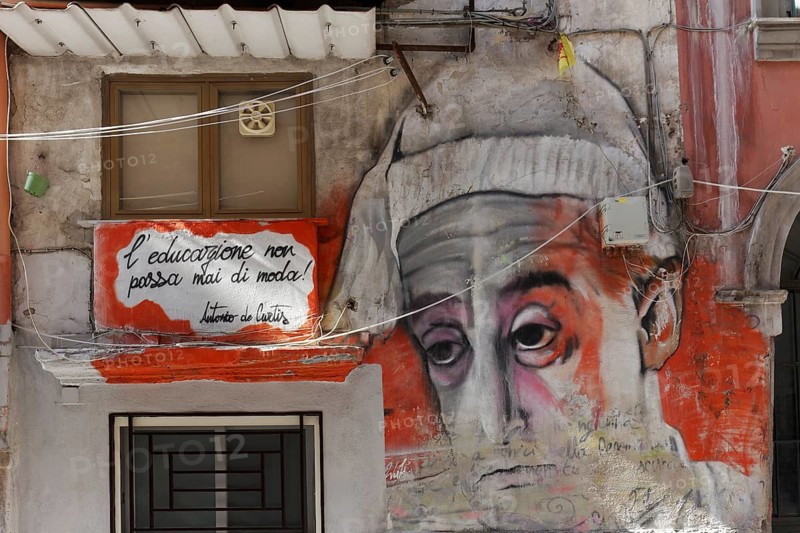 Wall painting by Neapolitan film comedian Totò, Antonio De Curtis, street art at Quartieri Spagnoli, Spanish Quarter, Naples, Campania, Italy