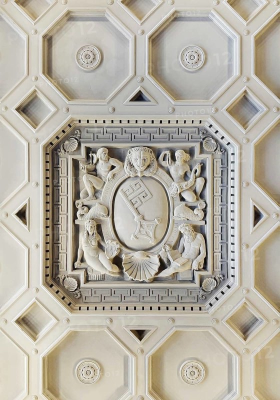 View from bottom to top of the stucco ceiling of the ballroom with Bremen key in the New Bremen Town Hall, UNESCO World Heritage Site, Free Hanseatic City of Bremen, Germany