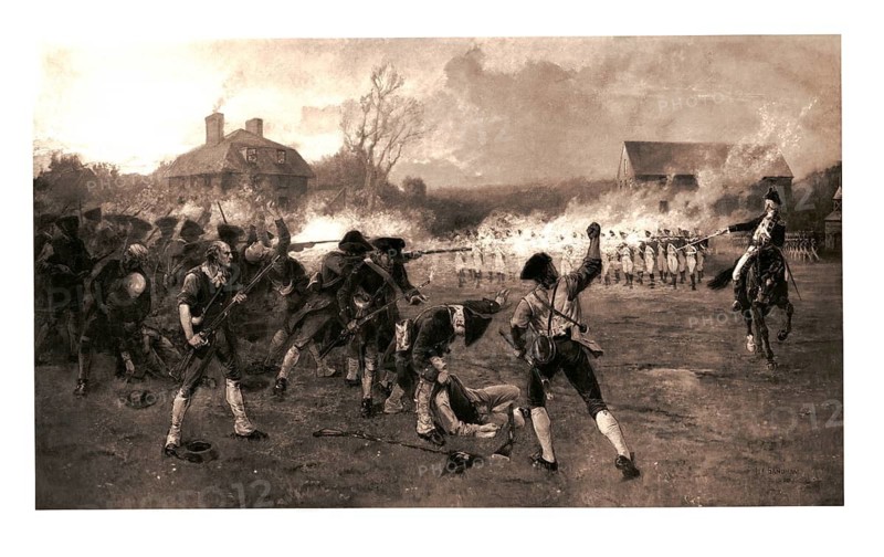 The Battle of Lexington on 19 April 1775, in which American militiamen and British troops clashed. In the foreground, armed colonists and the fallen can be seen, whilst on the right-hand side a British officer on horseback (often identified as Major John Pitcairn) directs the fire of the troops in the background, American history, authentic, digitally restored high-resolution reproduction from a 19th-century original, exact date of the depiction unknown, historical