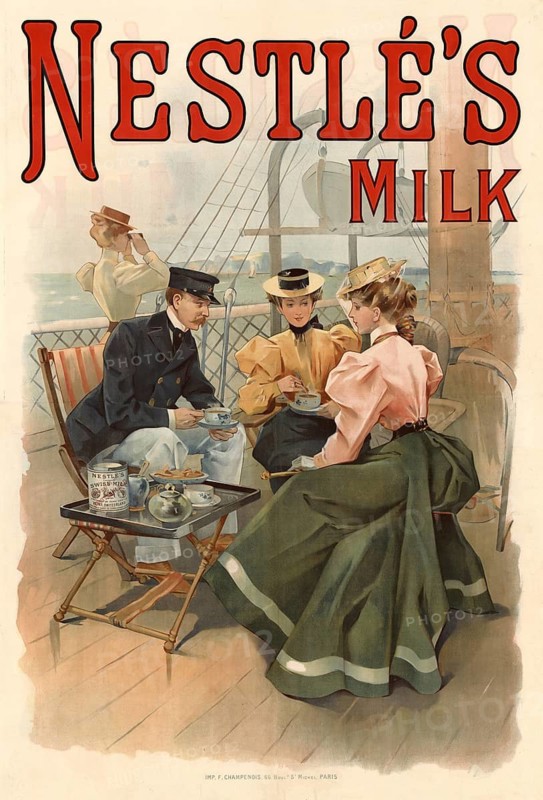 Advertising poster, beverage advertisement, advertising poster for Nestlé's Milk from 1899 depicting elegantly dressed people drinking tea on a ship deck, authentic reproduction of a historical advertising poster, advertising sign, in high resolution, historical