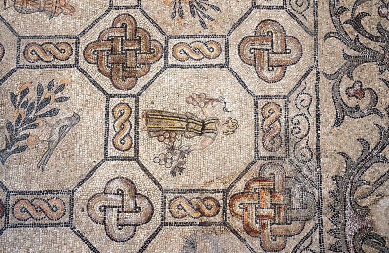 Detailed floor mosaic with geometric patterns and representations of people and animals, Basilica di Santa Maria Assunta, Basilica of Aquileia, UNESCO World Heritage Site, Aquileia, Friuli, Italy