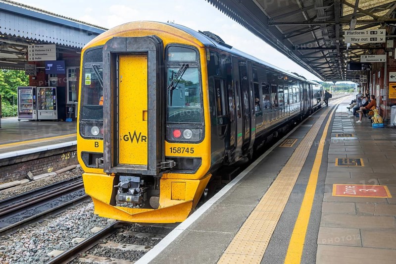 British Rail Class 158 Express Sprinter train diesel multiple 158745, Westbury railway station, Westbury, Wiltshire, England, UK