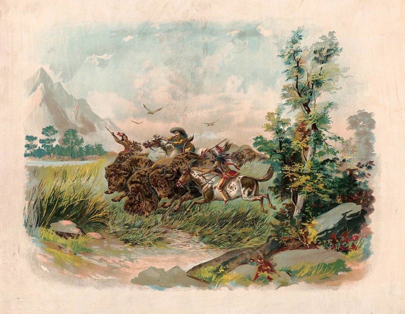 Bison hunt in the American West: Indigenous horsemen and hunters pursue and hunt a herd of American Bison (buffalo) across an open prairie landscape, 1897, authentic, digitally restored high-resolution reproduction of a 19th-century original, exact date of the scene unknown, American history, historical