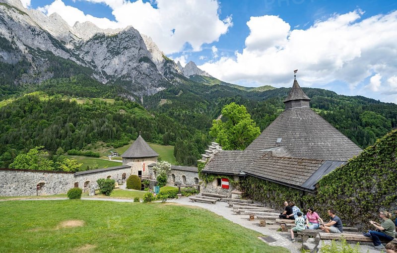 Lower courtyard of the castle with castle wall, Hohenwerfen Fortress, Werfen, Pongau, Salzburg state, Austria