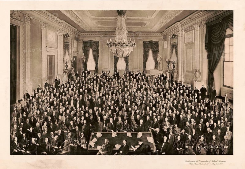 Historical photograph of the Conference on the Conservation of Natural Resources, which took place from May 13 to 15, 1908 at the White House in Washington, D.C. A conference convened by US President Theodore Roosevelt on the sustainable use and protection of natural resources in the United States. Attendees included US state governors, government officials, scientists and leaders gathered in the East Room of the White House. It is considered a milestone in the US environmental and conservation movement, American history, authentic, digitally restored reproduction in high resolution from a 19th century original, exact date of presentation unknown, historical