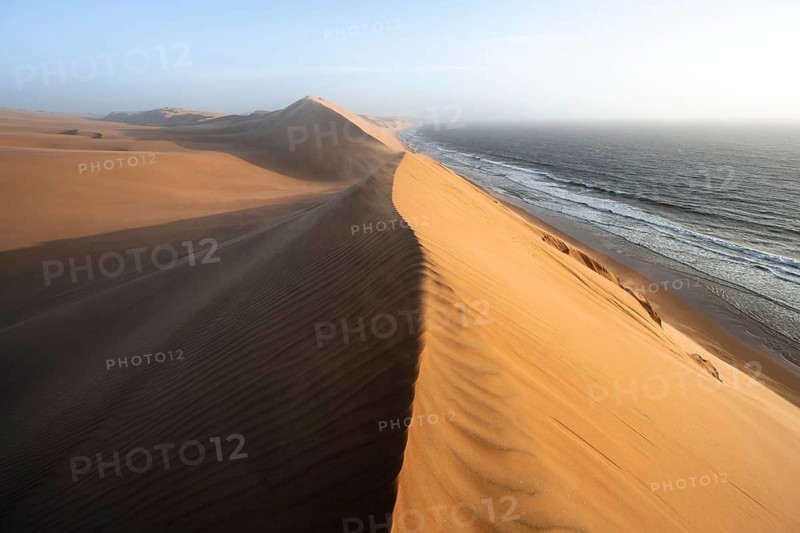 Sand dunes with wave patterns and sea in evening light, wind blowing sand across the dunes, Atlantic coast and sandy desert with sea of dunes, impressive desert landscape at sunset, Sandwich Harbour, Namib Naukluft Park, Namib Desert, Namibia