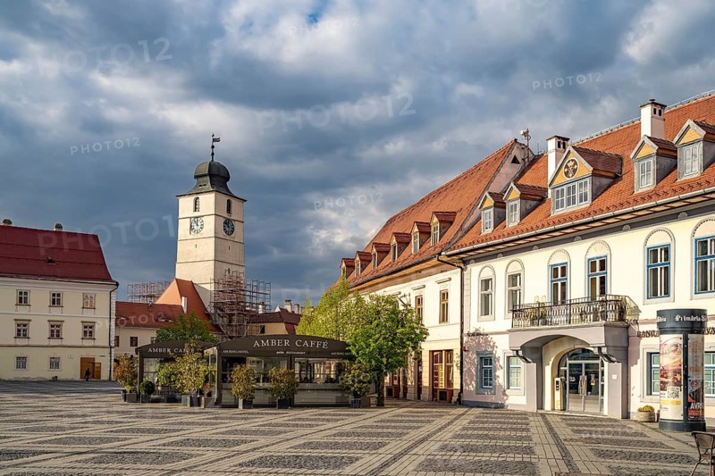 The Pia?a Mare Grand Ring Square with the Council Tower in the old town of Sibiu or Sibiu, Transylvania, Romania