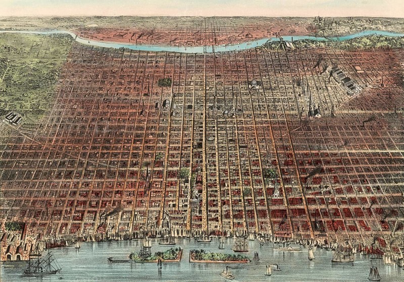 Bird's Eye View of Philadelphia, 1875, detailed bird's-eye view of the city with views over the Delaware River and the surrounding urban road network, authentic, digitally restored high-resolution reproduction from a 19th-century original, exact date of depiction unknown, American history, historical