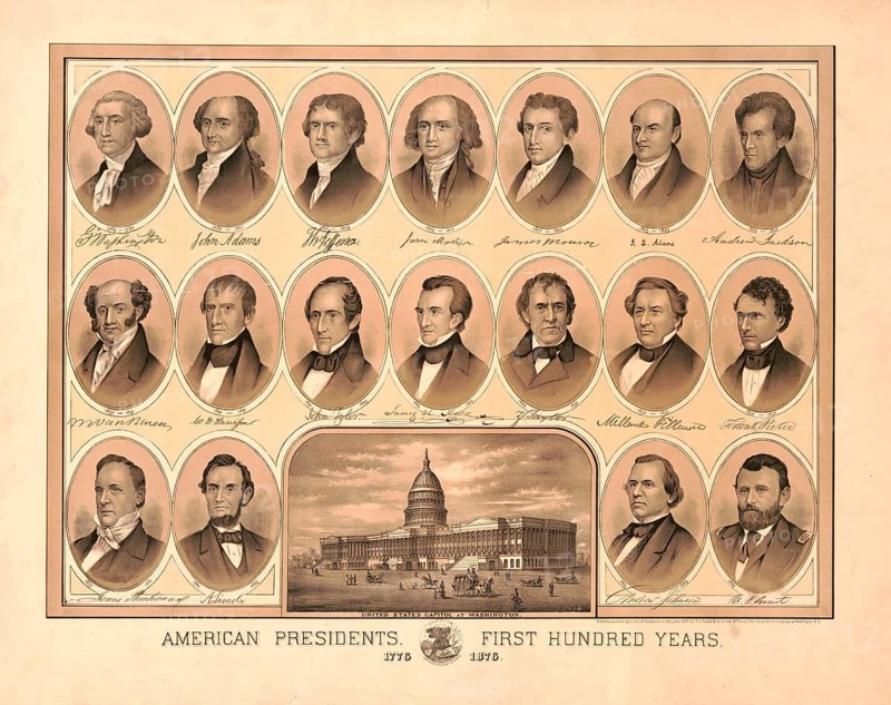 US historical print with the title American Presidents. First Hundred Years. 1776—1876, depicting the first 18 presidents of the United States from George Washington to Ulysses S. Grant. Content: bust portraits, terms of office and facsimiles of presidential signatures as well as a view of capital in Washington, American history, authentic, digitally restored reproduction from a 19th-century original, exact date of presentation unknown, historical