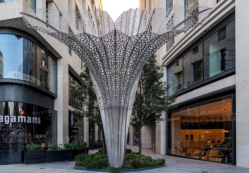 Wide view of the sculptural stainless steel canopy named Circadian by artist Lee Simmons, Marble Arch, London, United Kingdom