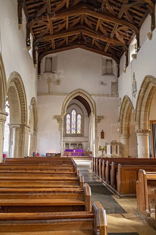 Nave, wooden ceiling, benches, windows, interior view, St Mary's Church, Bibury, The Cotswolds, England, Great Britain