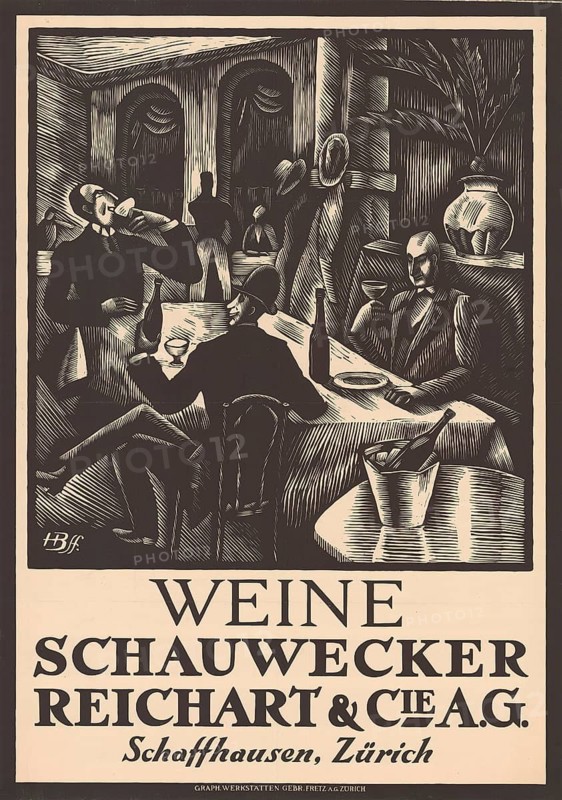 Advertising poster, beverage advertisement, poster from 1919 was designed by Swiss artist Henry Bischoff and promotes the wine shop Schauwecker, Reichart & Cie A.G. The scene shows a typical café or restaurant atmosphere in which men drink wine at the table, authentic reproduction of a historical advertising poster, advertising sign, in high resolution, historical