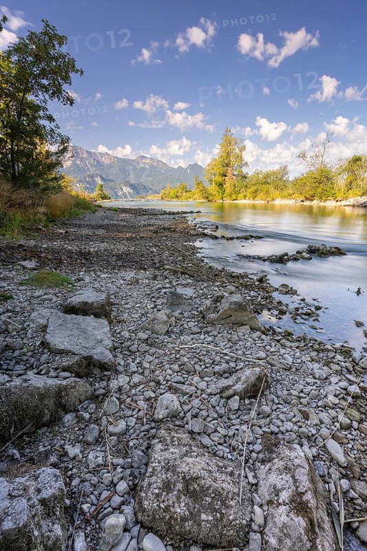 River, riverbed, trees, mountains, gravel, sunny, low tide, drought, August 2026, climate change, Loisach, Kochel, behind Herzogstand, Heimgarten, Bavarian Alps, Alpine foothills, Bavaria, Germany