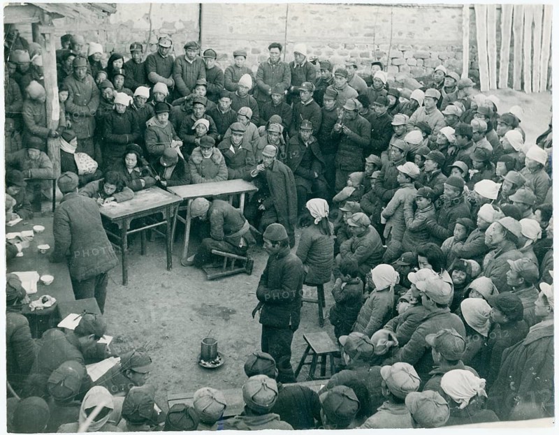 China, People's Republic, Communism, village, court hearing, local residents, cultural revolution, group of people sitting and standing close together at an outdoor meeting, around 1965