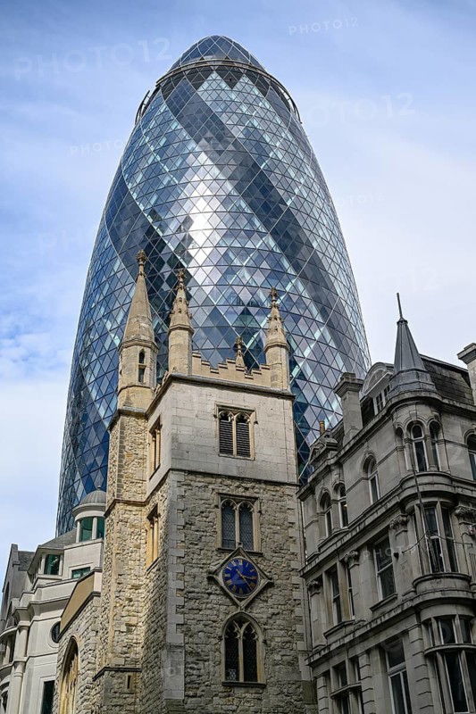 Medieval church of St Andrew Undershaft in front of The Gherkin, nicknamed one of London's most famous skyscrapers, Broadgate district, banking district, City of London, London, England, Great Britain, Great Britain