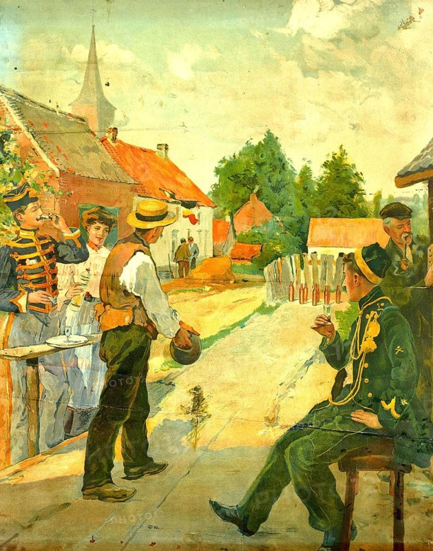 Advertising poster, beverage advertisement, advertising poster for the herbal liqueur't Wit Stoopke, a historic Belgian juniper brandy, 1908, Berlgien. Men bowling on a sand track, authentic reproduction of a historical advertising poster, advertising sign, in high resolution
