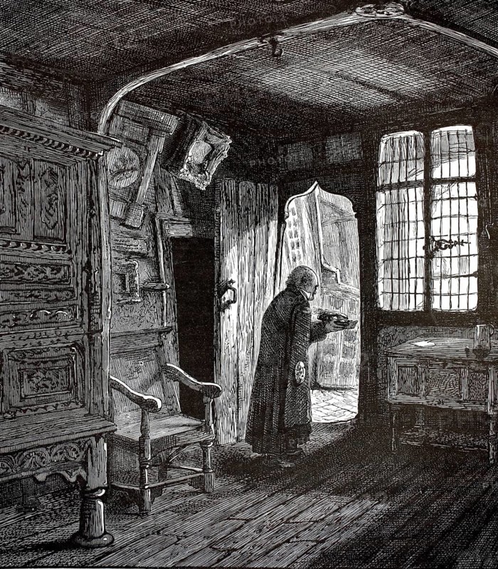 The old kitchen at Lord Leycester Hospital in Warwick. Not a medical hospital in the modern sense, but a medieval complex dating back almost 900 years. Originally built around 1123 as a chapel, it has served as a historic almshouse for former soldiers of the British Crown since 1571, England, illustration, reproduction of a 19th-century original. Authentic, file restored for optimal use, exact date of the original unknown, historical