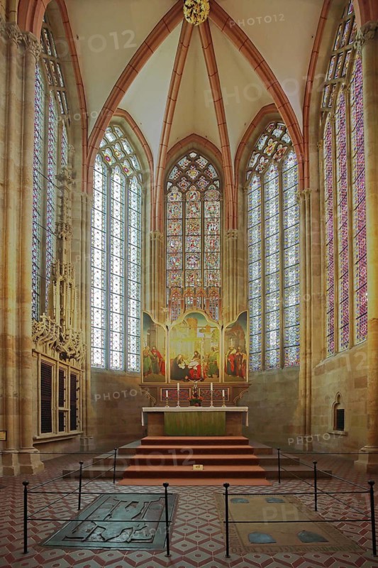 High altar, chancel with colorful church windows, handicrafts, interior view, cathedral, St. John and St. Donatus, Burgberg, Meissen, Saxony, Germany